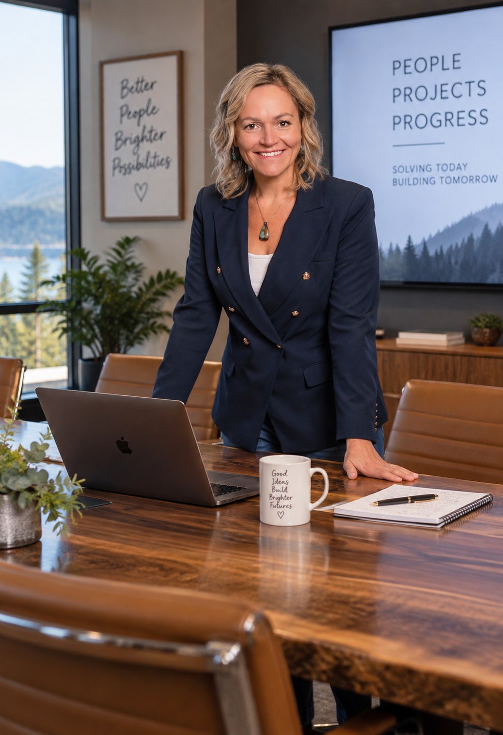 Asenath "CC" Horton standing at a conference table with a laptop, in an office overlooking a lake and mountains, with a screen behind her reading "People, Projects, Progress."